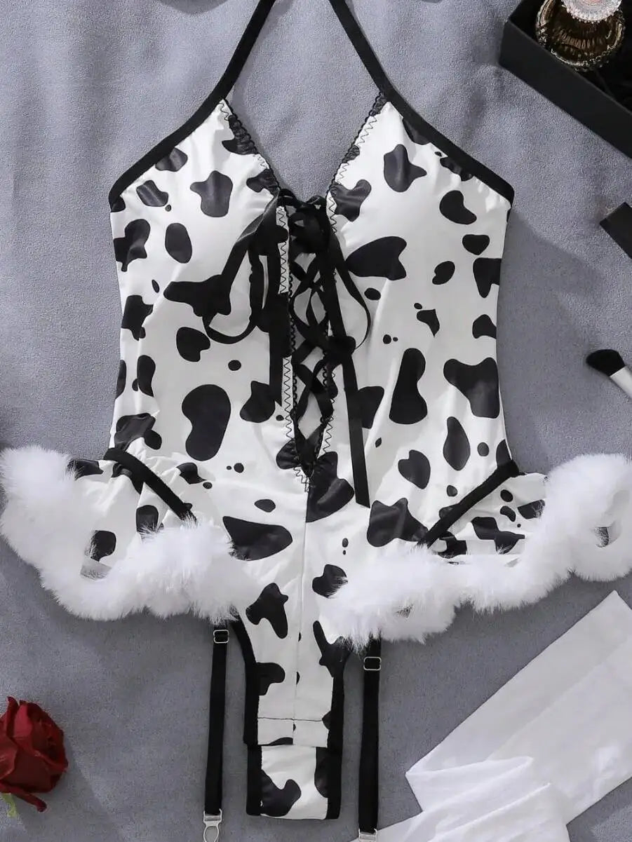 Cow Printed Furry Trim Backless Teddies