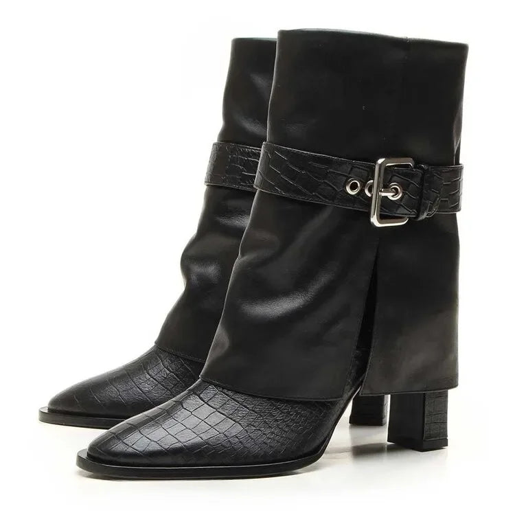 Pointed Metal Belt Buckle Leather Boots