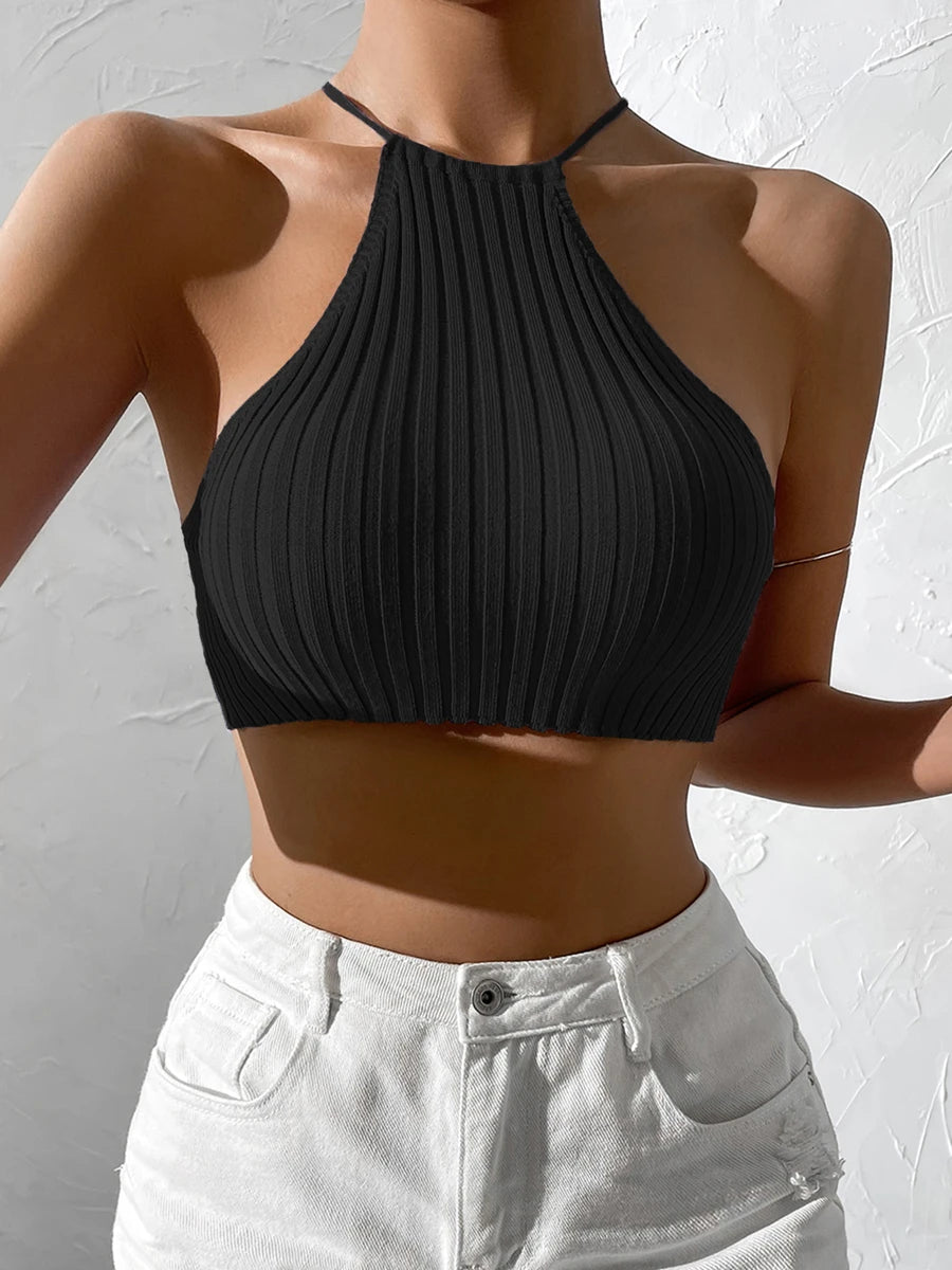 Tie Backless Halter Knit Crop Top