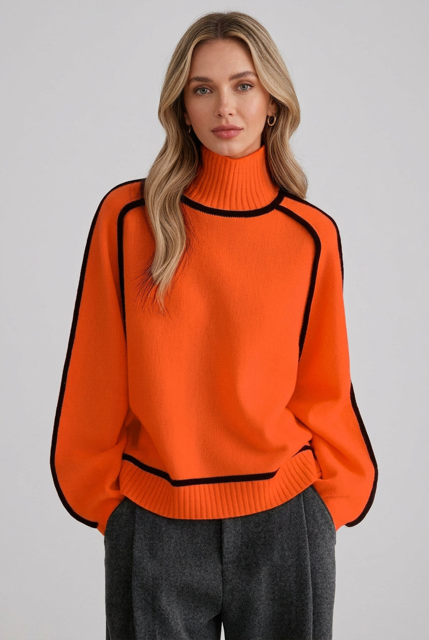 Person wearing an orange sweater with black accents against a brick wall.