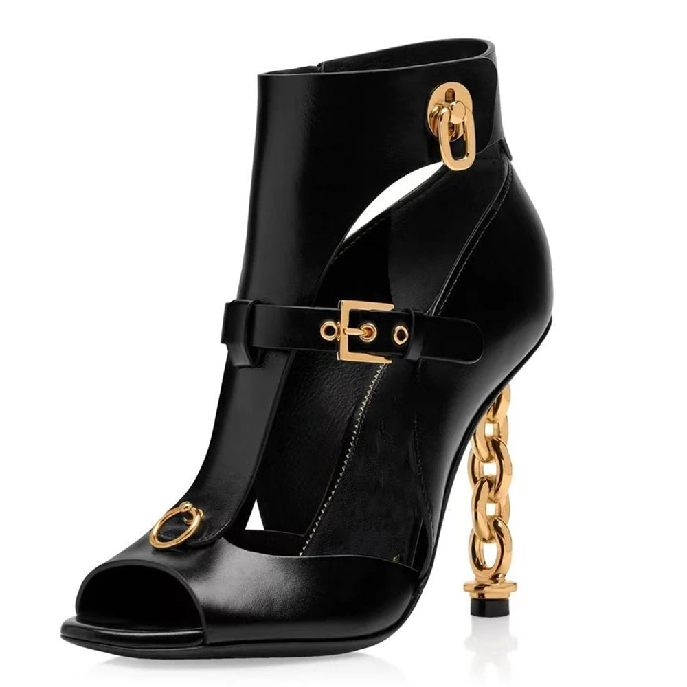 Black Leather Chain Heels Ankle Boots
