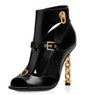 Black Leather Chain Heels Ankle Boots