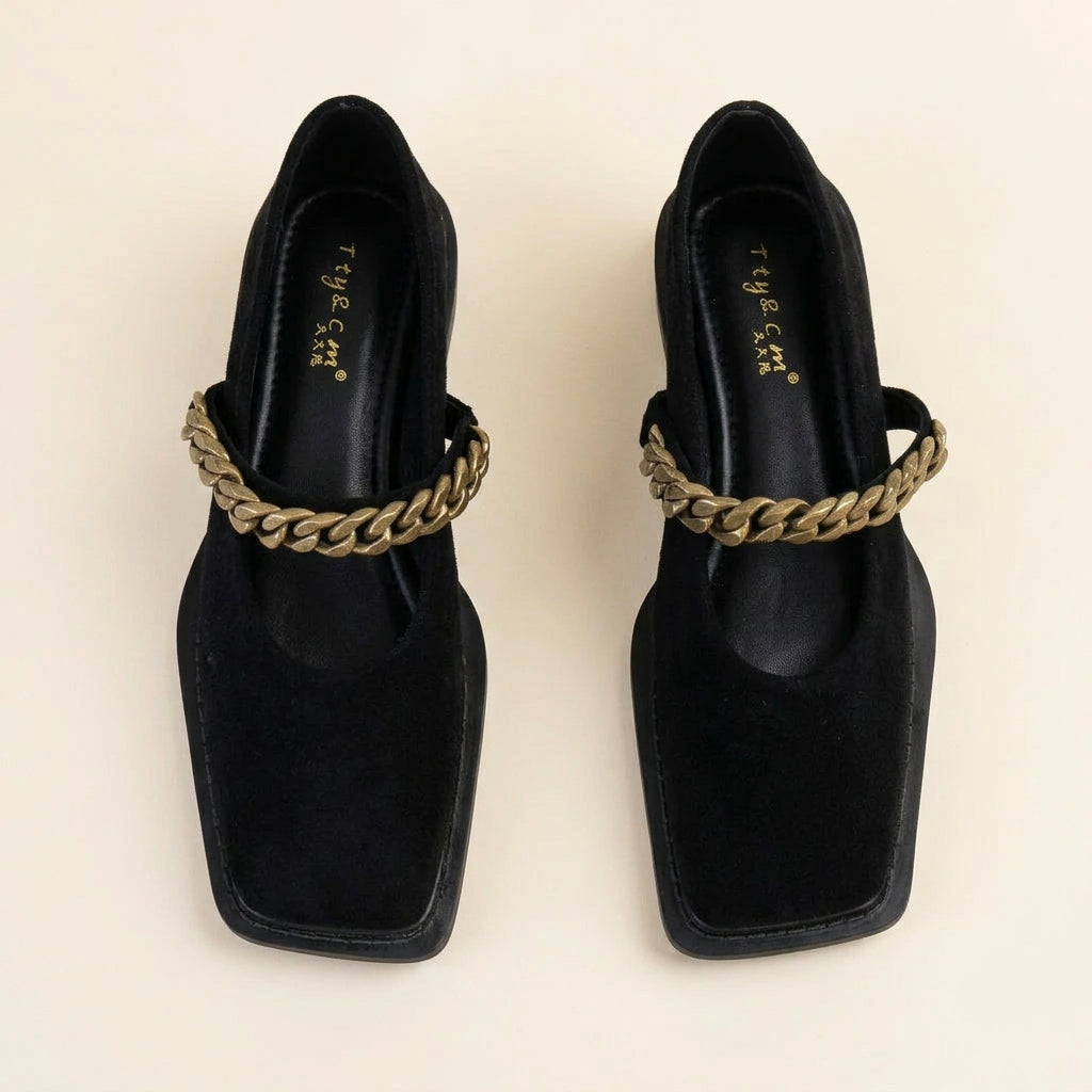 Chain Retro Square Toe Low Heel Shoes