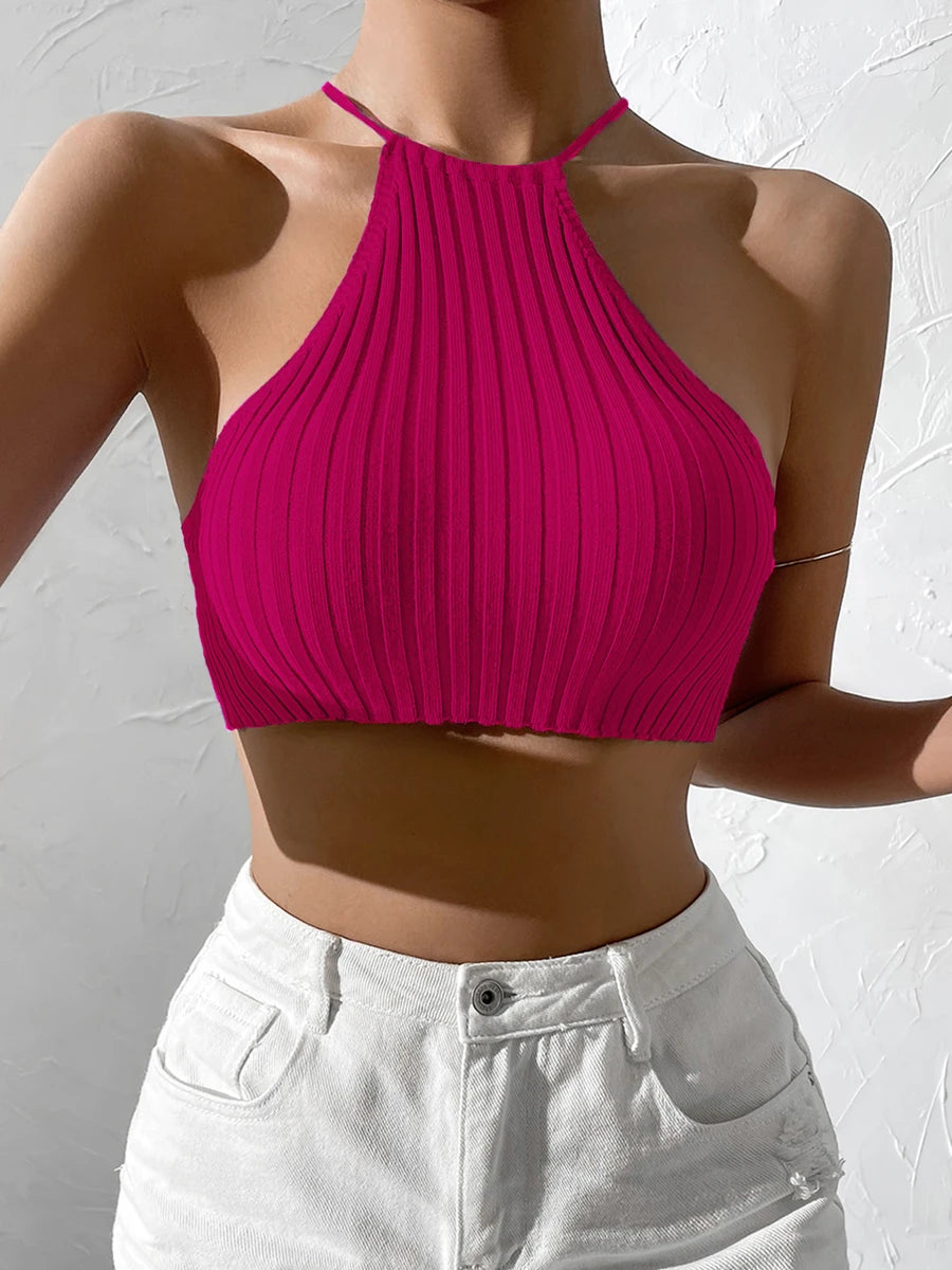 Tie Backless Halter Knit Crop Top