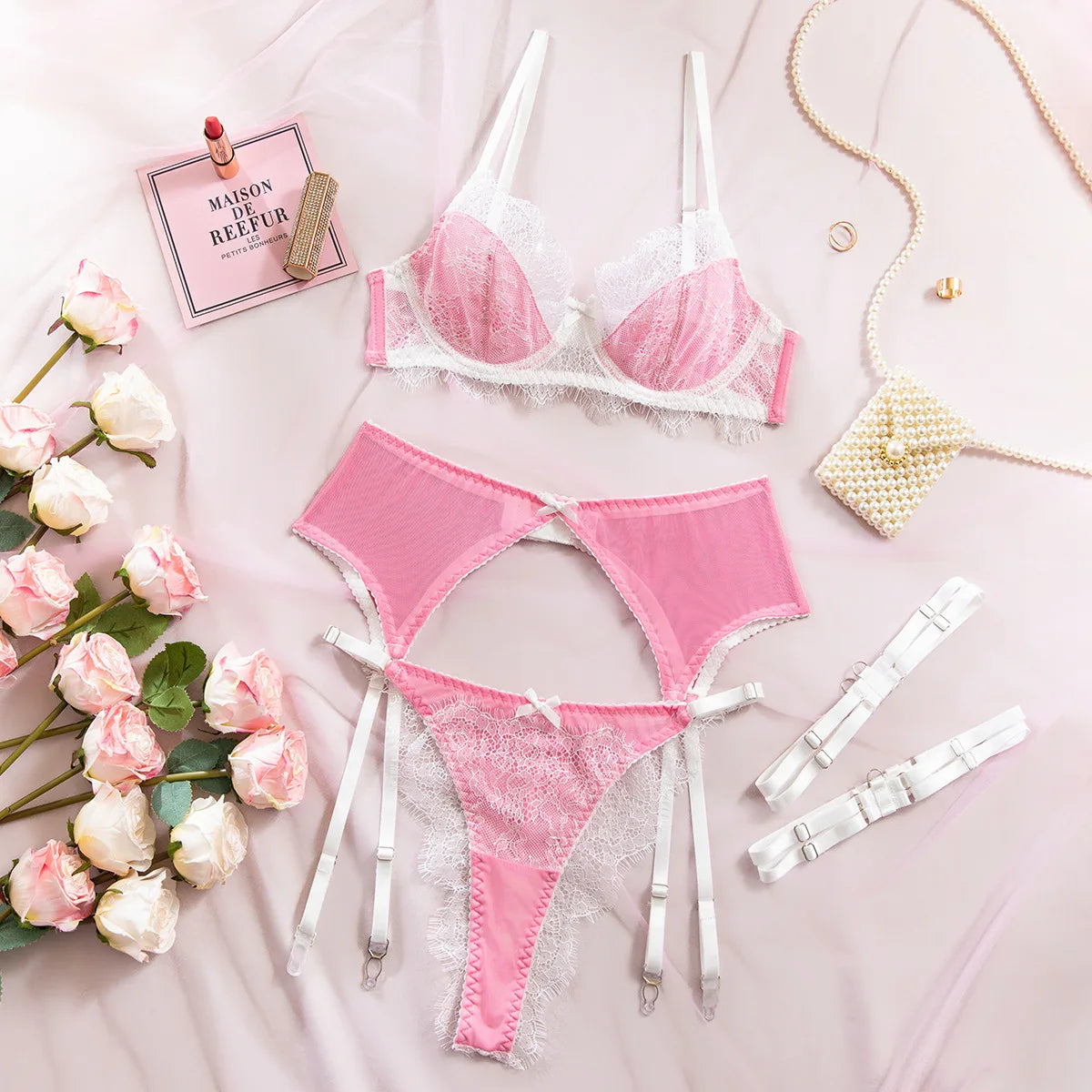 Pink Sexy Lace Bowknot Lingerie