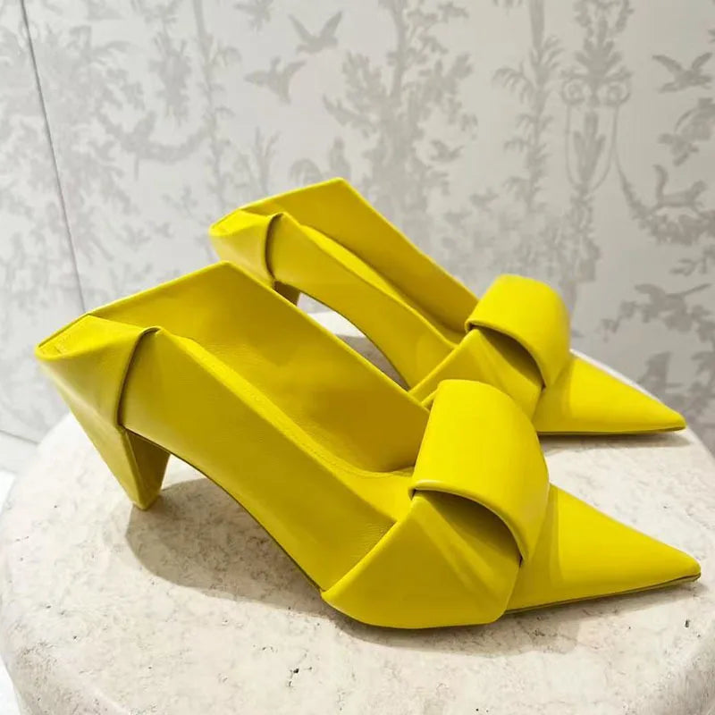 Origami Bow Pointed Toe Mule Heels