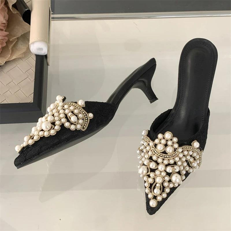 String Beads Pointed Toe Mules Shoes