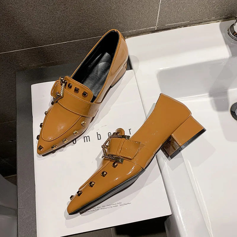 Rivet Pointed Toe Square Heel Loafers