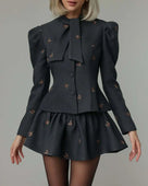 Bow Tie Neck Puff Sleeve Skirt Set