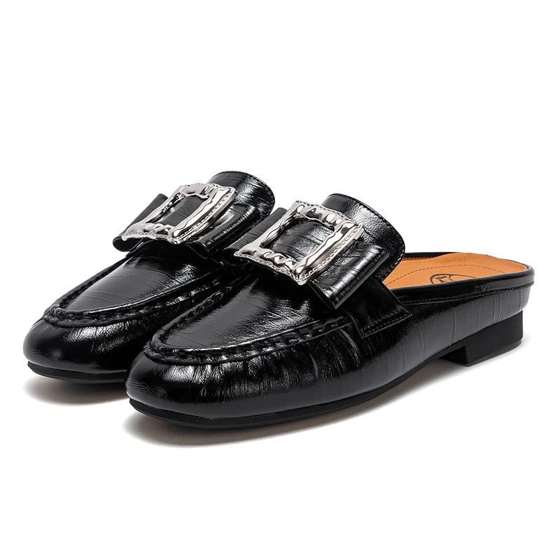 Square Appliques Leather Mules Shoes