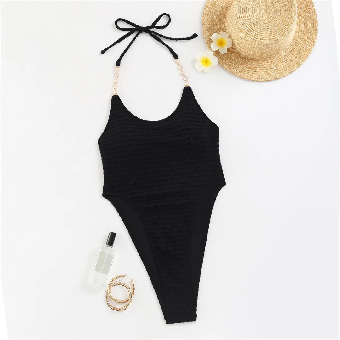 Wrinkled Pearl Beads Halter One Piece