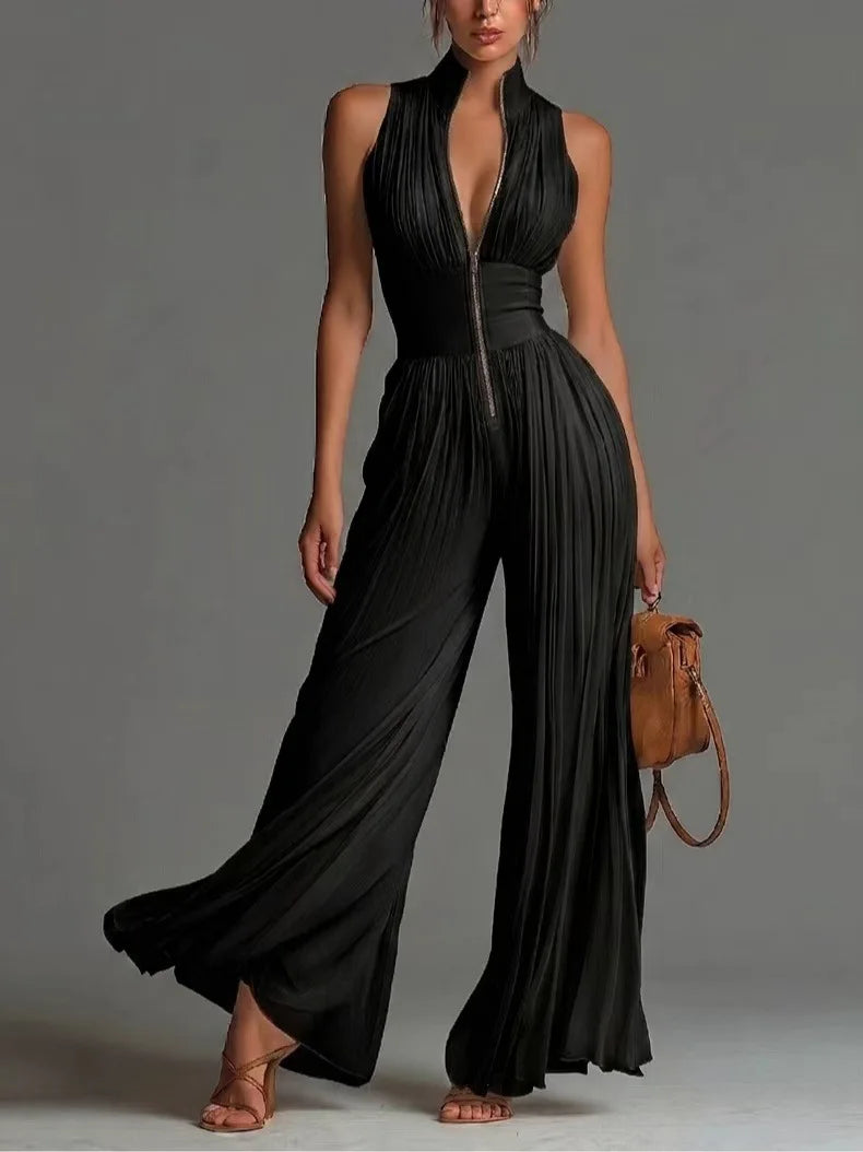 V-Neck Pleated Zip-Front Jumpsuit