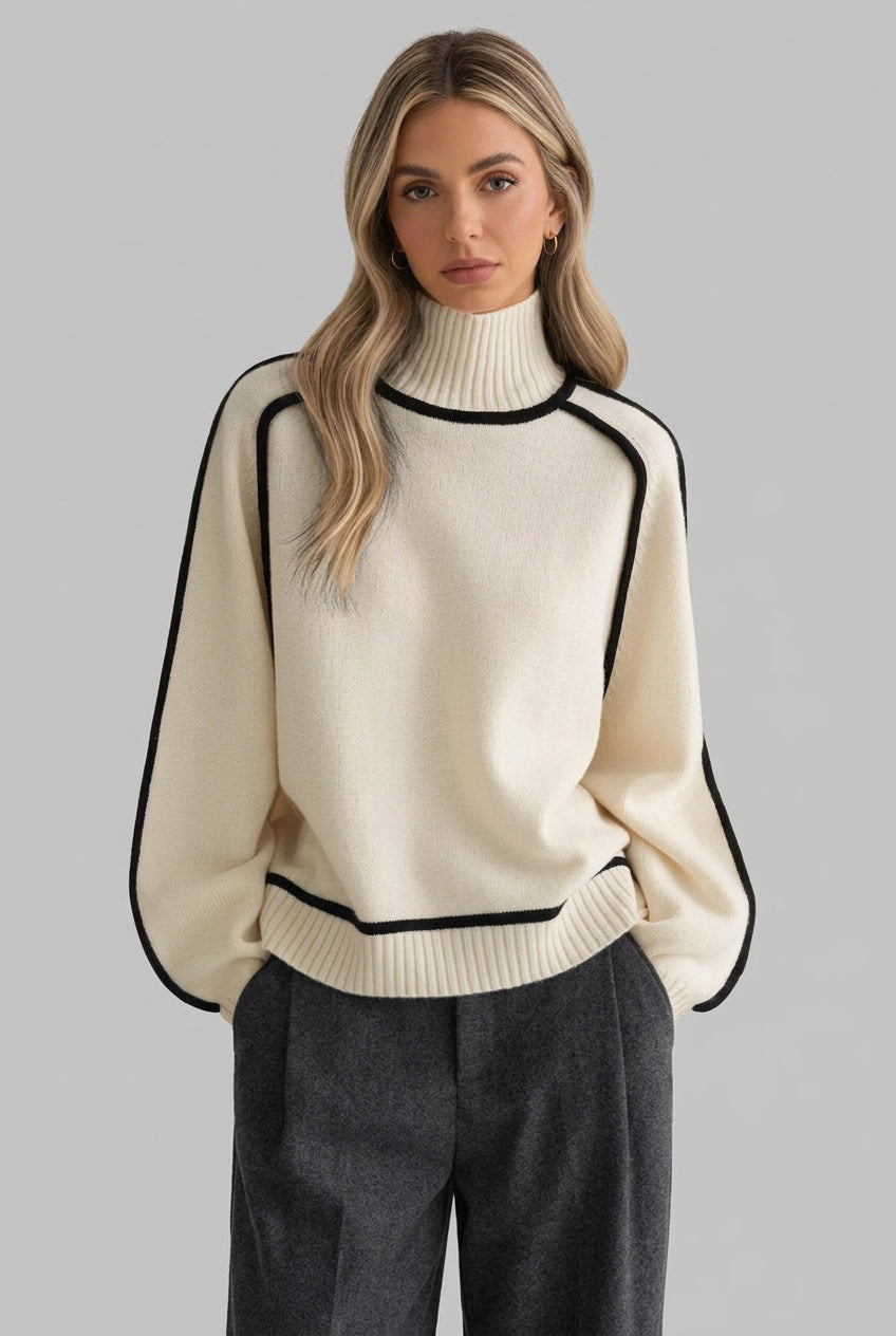 Person wearing a cream sweater with black trim against a light brick wall.