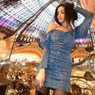 Shining Slash Neck Sequin Long Sleeve Women Mini Dress
