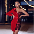 Sequined One Shoulder Sleeve Irregular Patchwork Women Bodycon Mini Dress