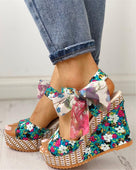 Bohemian Floral Ankle Strap Heeled Wedges