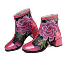 Nature Genuine Leather Blue Flower Embroidery Women Ankle Boots