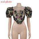 Highstreet Square Collar Jacquard Boned Puff Sleve Women Crop Top