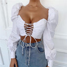 Broadcloth White Lace Up Hollow Out Puff Sleeve Women Crop Top