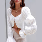 Off Shoulder Fashion Button Lantern Sleeve Ruched Women Blouse