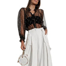 Retro Polka Dot See-Through Loose Button Big Puff Sleeve Women Blouse