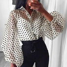 Retro Polka Dot See-Through Loose Button Big Puff Sleeve Women Blouse