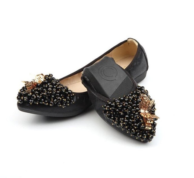 Elegant Rhinestone Sequined Cloth Pointed Toe Elastic Women Flat Shoes