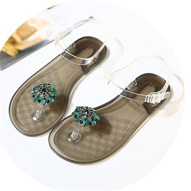 Rhinestone Flower Transparent Flat Sandal