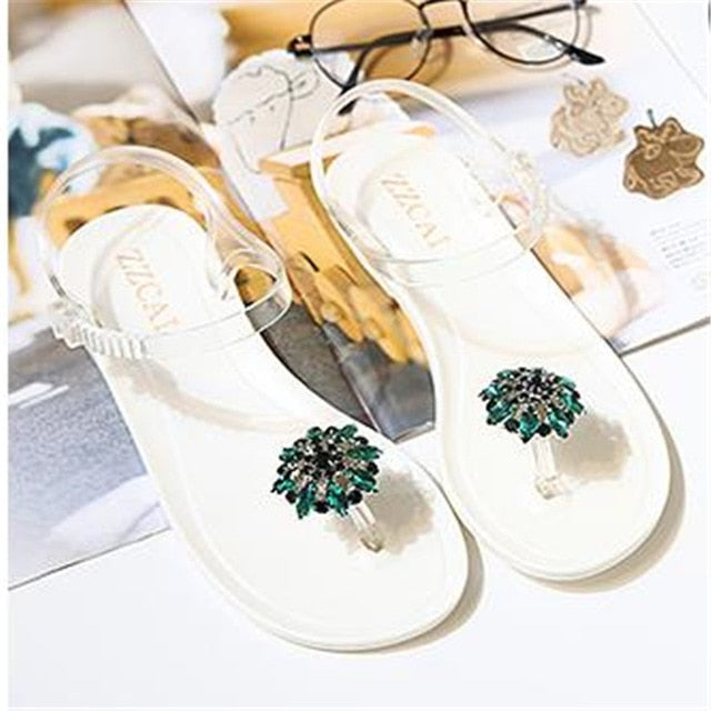 Rhinestone Flower Transparent Flat Sandal